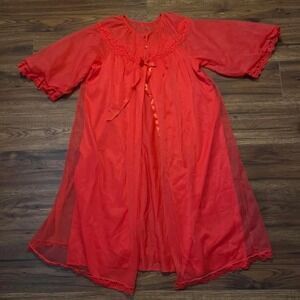 Vintage French Maid Sheer Red Lace Peignoir Robe Y2K Lingerie Dress Women Medium